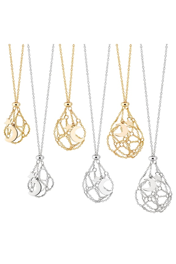6Pcs 2 Color Brass Macrame Pouch Holder Pendant Necklace Making with Moon Star 304 Stainless Steel Charms