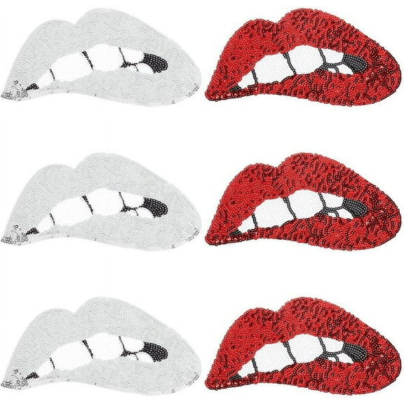 6Pcs 2 Colors 11" x 6.9" Large Lip Shape Sequin Embroidery Patches Red Sliver Punk Big Cloth Iron-On Patch Glitter Costume Accessories Paillettes