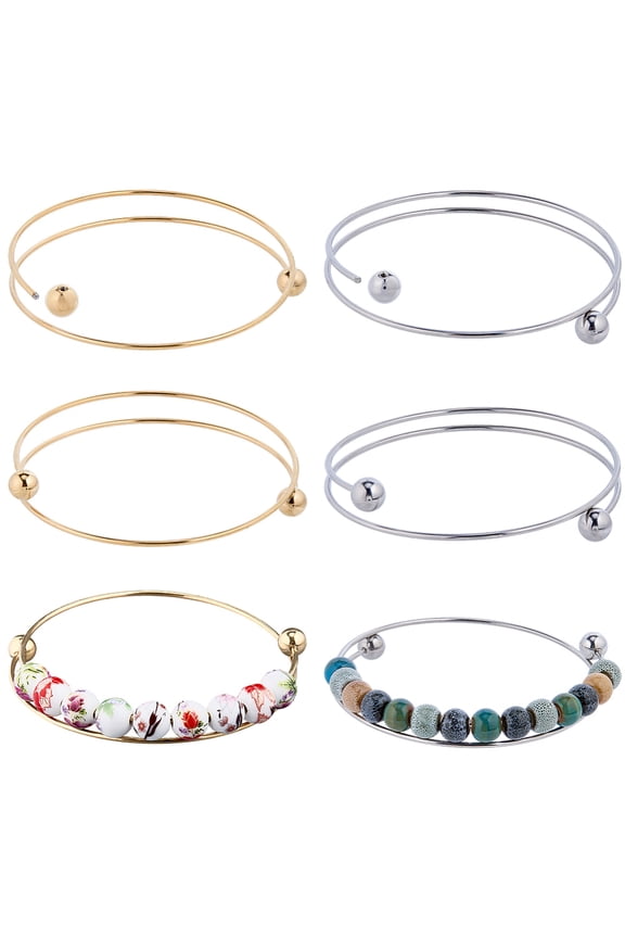6Pcs 2 Colors Adjustable Wire Bracelets 18K Gold Plated 304 Stainless Steel Expandable Blank Bangle Bracelets with Removable Ball