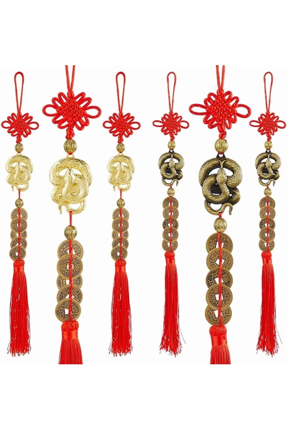 6Pcs 2 Colors Chinese New Year Ornaments Snake Coin Hanging Decoration Lucky Snake Charms with Coins Chinese Red Knot Tassel for Home Decor Wealth Success Metal Mixed Color