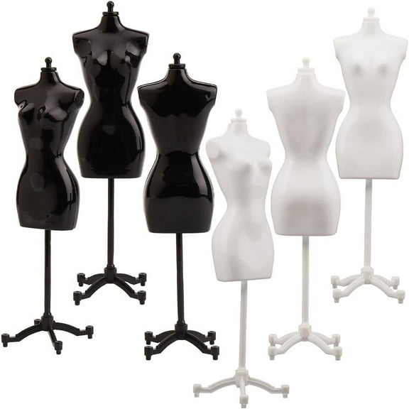 6Pcs 2 Colors Dress Form Cloth Gown Plastic Display Support Holder Table Top Model Stand Mini Sewing Mannequins for Making Skirt Clothes Dollhouse Decor Black White Colorful