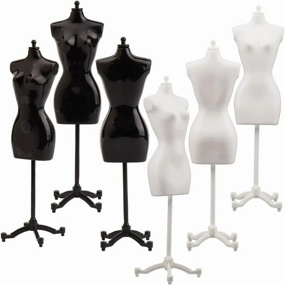 6Pcs 2 Colors Dress Form Cloth Gown Plastic Display Support Holder Table Top Model Stand Mini Sewing Mannequins for Making Skirt Clothes Dollhouse Decor Black White Colorful