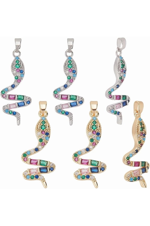 6Pcs 2 Colors Snake Charms 18K Gold Platinum Plated Tiny Dangle Animal Charms Cubic Zirconia Pendants for Bracelets Necklaces DIY Jewelry Craft Making Supplies Colorful