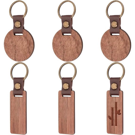 6Pcs 2 Style Imitation Leather & Walnut Wood Keychain with Iron Findings Rectangle & Round Coconut Brown 9.1~10.8cm 3pcs/style