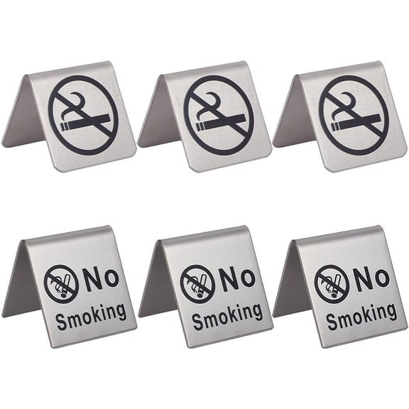 6Pcs 2 Style Non-Smoking Table Sign Stainless Steel Metal Warning Reservation Logo Display Signs for Home Business Cards Hotels Offices Restaurant 48 x 50 x 50mm Stainless Steel Color