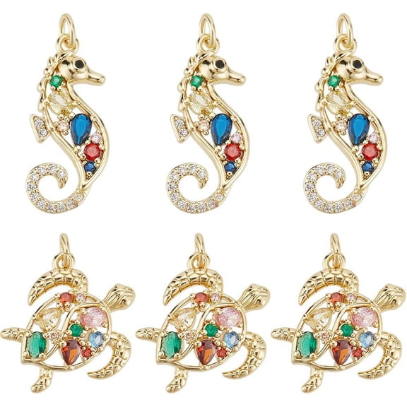 6Pcs 2 Style Rack Plating Brass Micro Pave Cubic Zirconia Pendants with Jump Ring Long-Lasting Plated Lead Free & Cadmium Free Sea Turtle & Sea Horse Real 18K Gold Plated