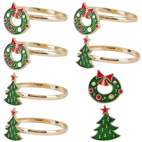 6Pcs 2 Styles Christmas Napkin Rings Circle Napkins Holder Serviette Buckles Wreath Tree Ornament Metallic Adornment for Restaurant