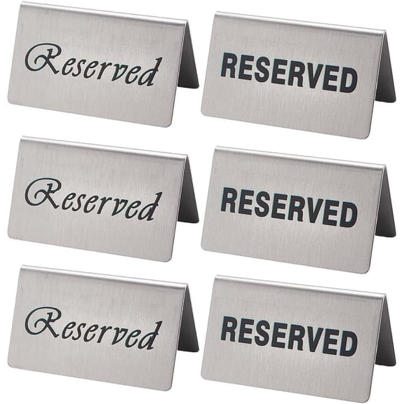 6Pcs 2 Styles Reserved Desk Signs 3.94x2.36 inch Double Sided Stainless Steel Metal Reservation Reserved Desk Logo Display Signs for Wedding Restaurant Parties Ceremony Restaurant for DIY