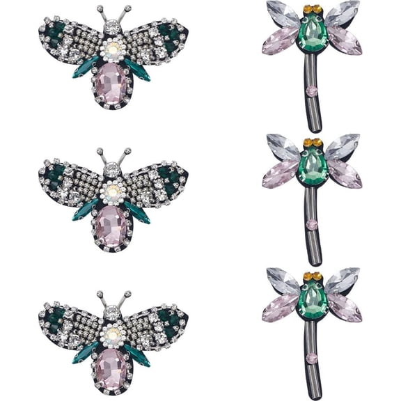 6Pcs 2 Styles Rhinestone Beaded Applique Animal Bees Dragonfly Decorative Sew on Embroidery Patches Appliques