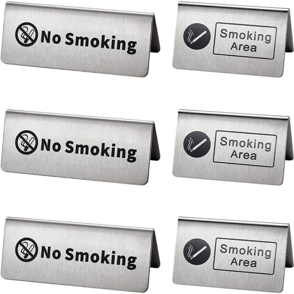 6Pcs 2 Styles No Smoking Table Sign Stainless Steel Metal Warning Smoking Area Table Sign Non Smoking Desk Logo Display Signs for Hotel Hospitals Restaurant Office Clubs Room Business for diy
