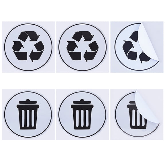 6Pcs 2 Styles Trash and Recycle Sticker Trash Bin Label Round Sign Decal Label Compost Stickers Waste Basket Label Plastic Vinyl Self