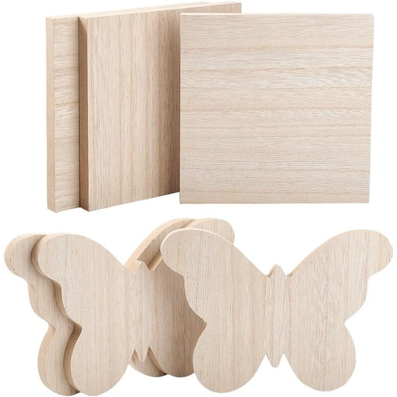 6Pcs 2 Styles Unfinished Wood Blocks 0.5Inch Thick Wooden Butterfly Block Square Wood Blocks for DIY Projects Art Classes Photo Blocks Painting Wedding Home Shelf Decor