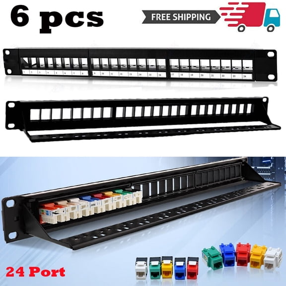 6Pcs 24 Port Keystone Blank Patch Panel Plate Cat5 Cat5e Cat6 Cat6a RJ-45 19" 1U