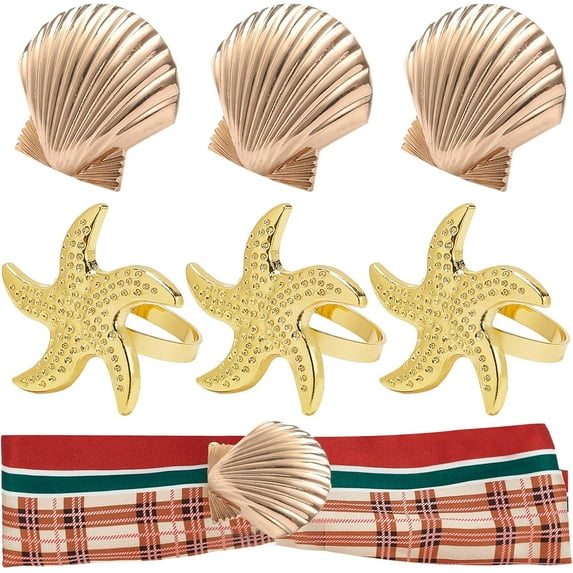 6Pcs 2Styles Alloy Napkin Rings Coastal Theme Shell Starfish Serviette Buckles for Kitchen Countertop Dining Table Picnic Indoor Outdoor Use Sea Shells Metal Napkin Rings Golden