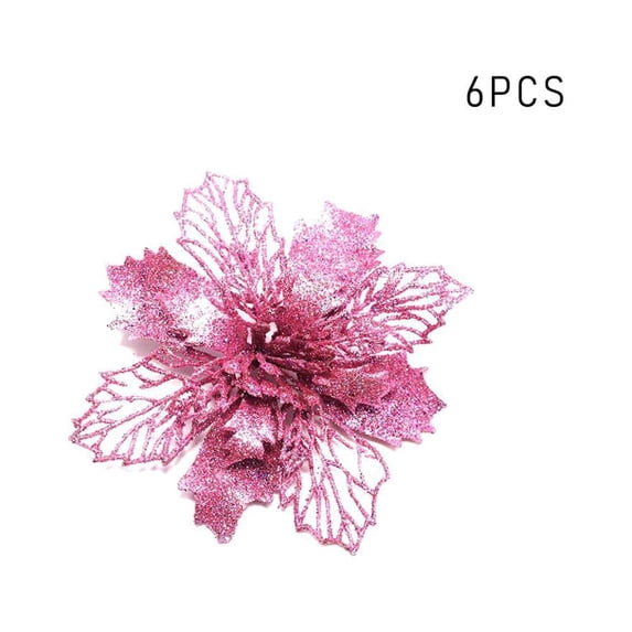 6Pcs 2x2x0.8 inch Gold Glitter Poinsettia Artificial Flowers,Christmas Tree Decorations,Wedding Xmas New Year Wreath Ornaments, Pink