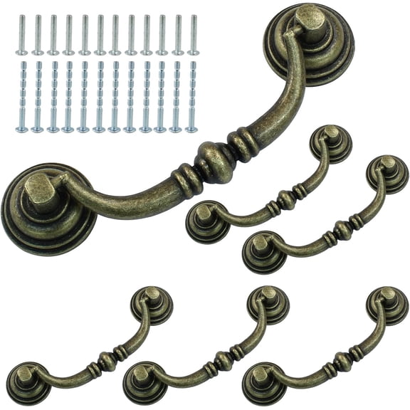 6Pcs 3 1/2 inch Antique Bail Drawer Pulls, 3.5" Hole Center Shabby Chic Drawer Pulls Handles, Bronze Kitchen Cabinet Drop Bail Pulls Handles