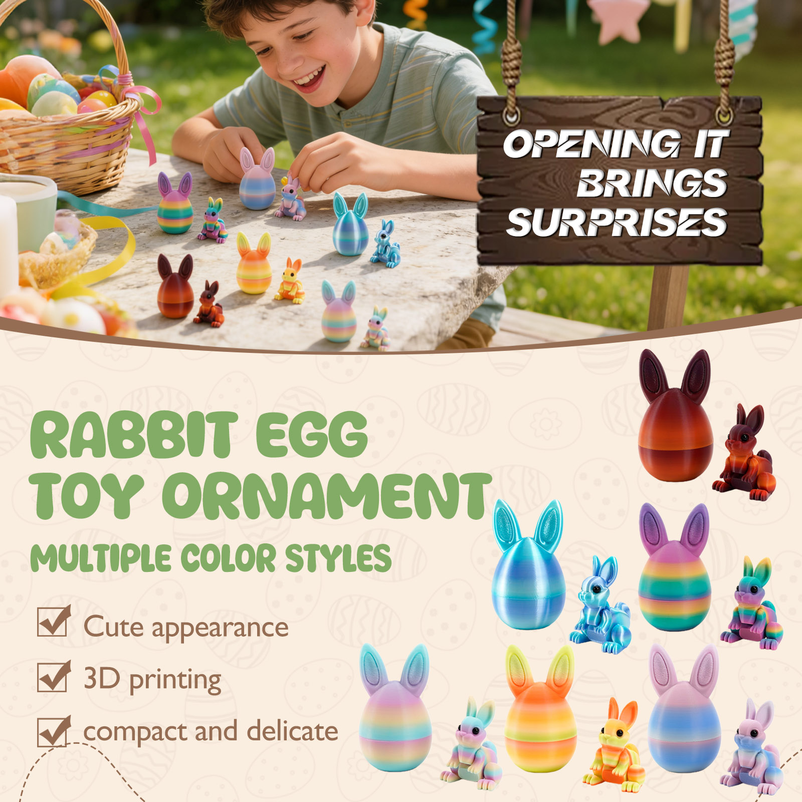 6Pcs 3.27Inch 3D Printed Easter Eggs Basket Stuffers, Mystery Egg Includes Bunny, for Easter Gifts Home Executive Desk Decorations