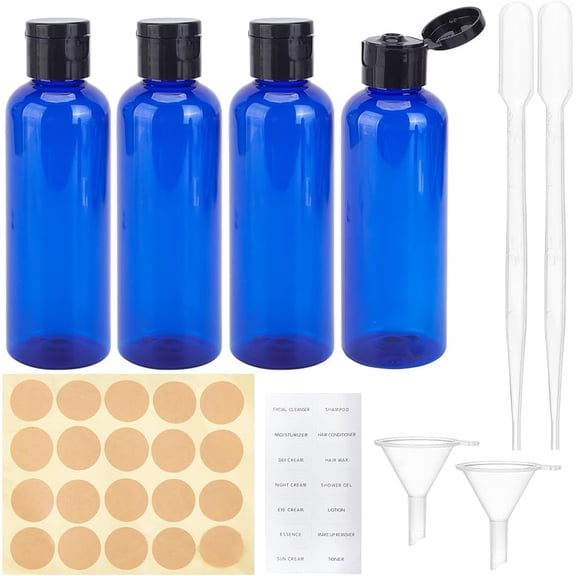 6Pcs 3.4oz/100ml Empty Travel Size Bottles Blue Squeezable Leakproof Plastic Cosmetic Container Flip Top Caps Bottles with 2Pcs Funnel 2Pcs Dropper and Label Stickers for Toiletries Shampoo
