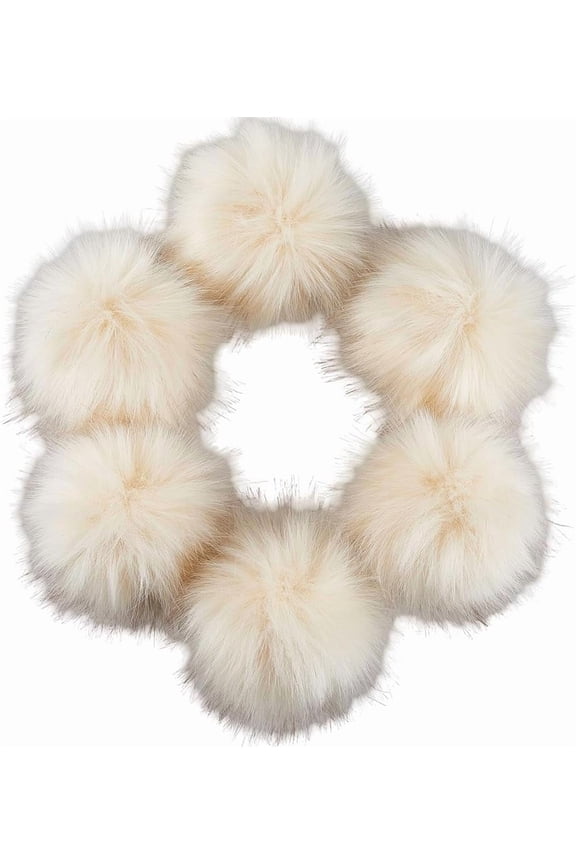 6Pcs 3.9 Inch Fur Pompoms Beige Knit Hat with Metal Snap Button Removable Fluffy Balls Knitting Crocheting Crafts Accessories for DIY Hats Shoes Scarves Gloves Bags Keychains