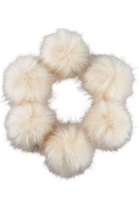 6Pcs 3.9 Inch Fur Pompoms Beige Knit Hat with Metal Snap Button Removable Fluffy Balls Knitting Crocheting Crafts Accessories for DIY Hats Shoes Scarves Gloves Bags Keychains Moccasin