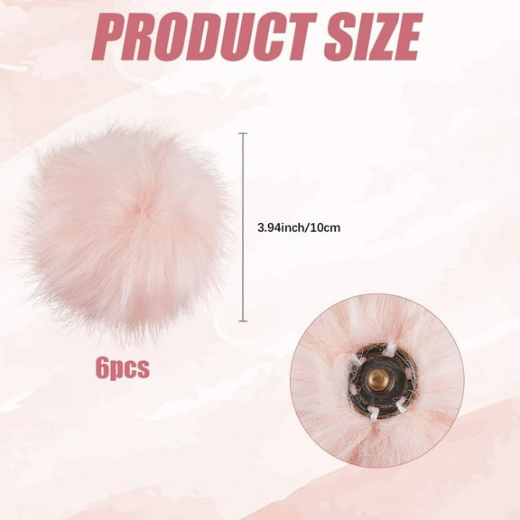 6Pcs 3.9 Inch Pink Faux Fur Pompoms Crochet Hat Poms Removable Fluffy Balls with Metal Snap Button Knitting Crocheting Crafts Accessories for DIY Hats Shoes Scarves Gloves Bags Keychains