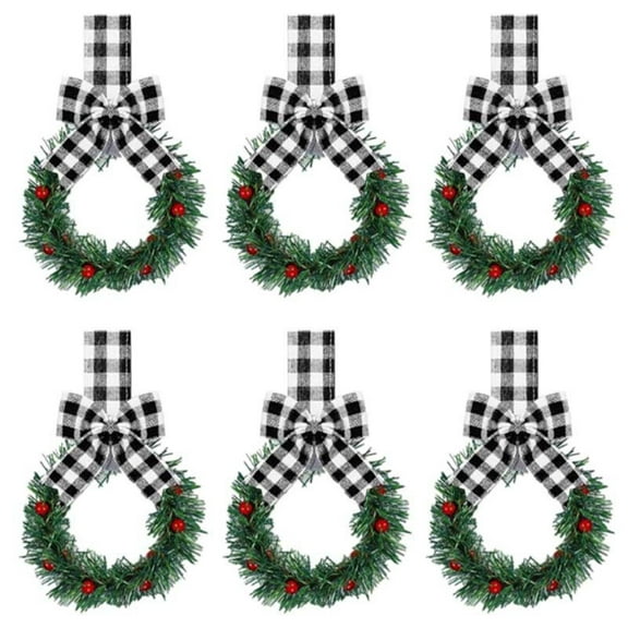 6Pcs 3.94 Inch Flocked Mini Christmas Wreaths - Fuzzy Greenery with Pine Cone & Plaid Ribbon, Small Decor for Kitchen Cabinet Handles, Window Sills & Holiday Gift Bags