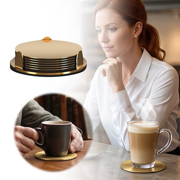 6Pcs 3.9In Drink Coasters Metal Tabletop Cup Mat Round Cup Coasters For Home Bar Kitchen Use(Gold-10Cm)
