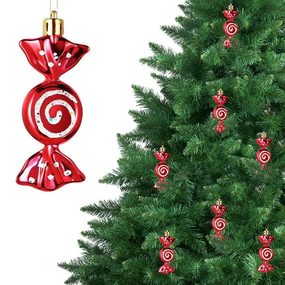 6Pcs 3.9in Christmas Candy Decoration Pendants, Glittering Shatterproof Christmas Tree Ornaments, Christmas Party Decorations Indoor Outdoor, Home Decor, Xmas Gift, Red