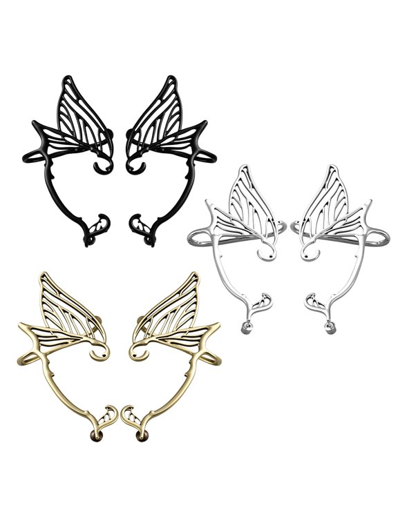 6Pcs 3 Colors Alloy Butterfly Wing Stud Earrings Climber Wrap Around Earrings Cuff for Women Mixed Color 75~77x39~43mm 1pc/style