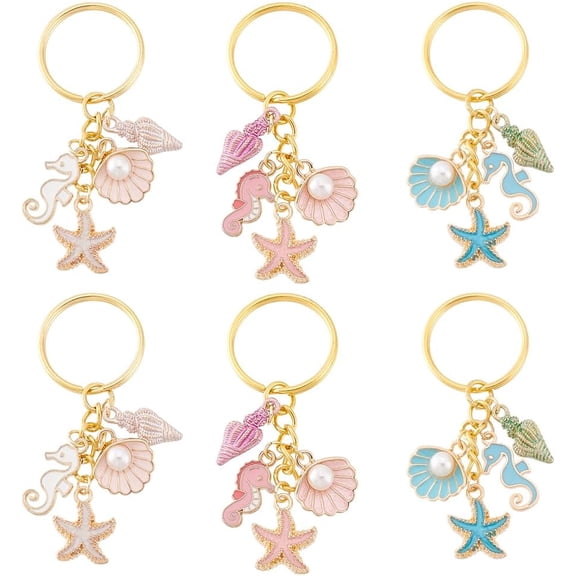 6Pcs 3 Colors Alloy Enamel Pendant Keychain with Iron Key Rings Sea Horse/Starfish/Shell Shaped Ocean Theme Mixed Color 68mm 2pcs/color