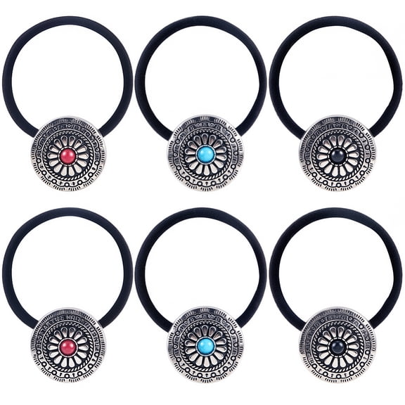 6Pcs 3 Colors Alloy Hair Ties with Nylon Cord with Imitation Turquoise Rose Gold 30mm 2pcs/color