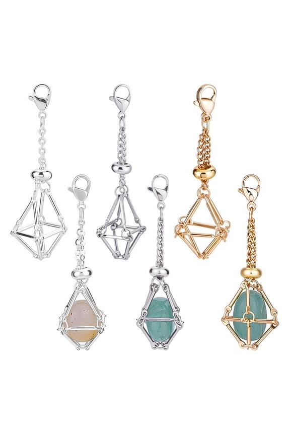 6Pcs 3 Colors Brass Macrame Pouch Empty Stone Holder Pendant Decoration with 304 Stainless Steel Clasps Mixed Color 55mm 2pcs/color