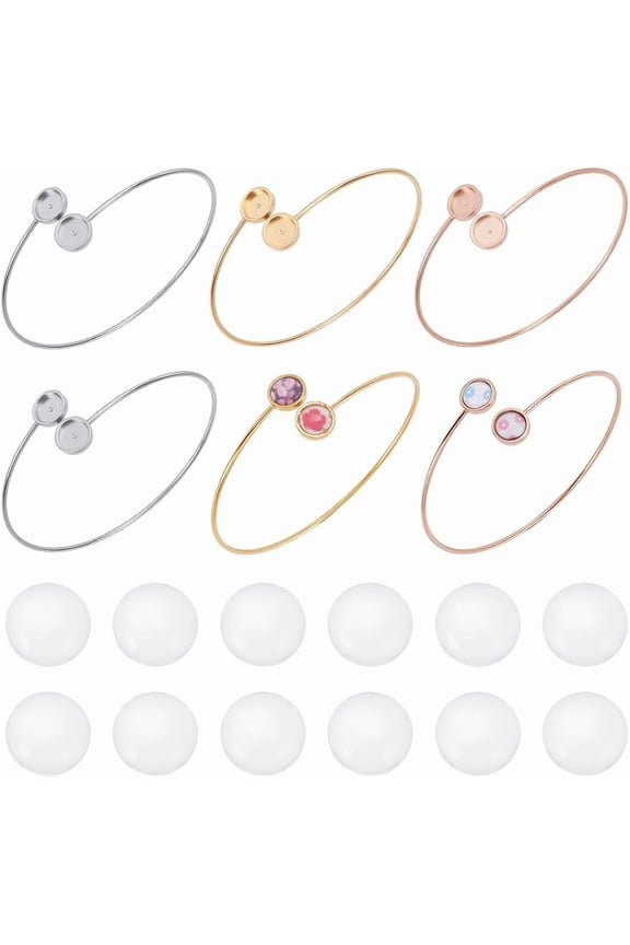 6Pcs 3 Colors Cabochon Bangle Bracelets Stainless Steel Adjustable Blanks Bangles 8mm Tray Cabochon Cuff Bangle Setting with 12Pcs Glass Cabochons Cuff Bangles