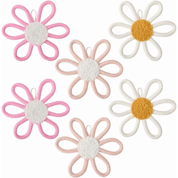 6Pcs 3 Colors Daisy Nursery Wall Decor Woven Flower Wall Art Cotton Woven Macrame Boho Flowers Sign Wall Hanging Plaque Decorations for Home Kids Bedroom Baby Toddler Gifts