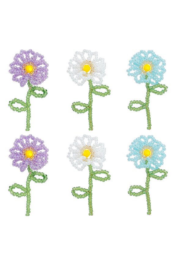 6Pcs 3 Colors Handmade Glass Seed Beaded Pendants Flower Charms Mixed Color 45x21.5x5mm 2pcs/color