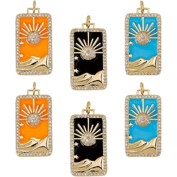 6Pcs 3 Colors Rack Plating Brass Micro Pave Clear Cubic Zirconia Pendants with Enamel Real 18K Gold Plated Rectangle with Sun Mixed Color 27x14x3.5mm Hole: 3.4mm 2pcs/color