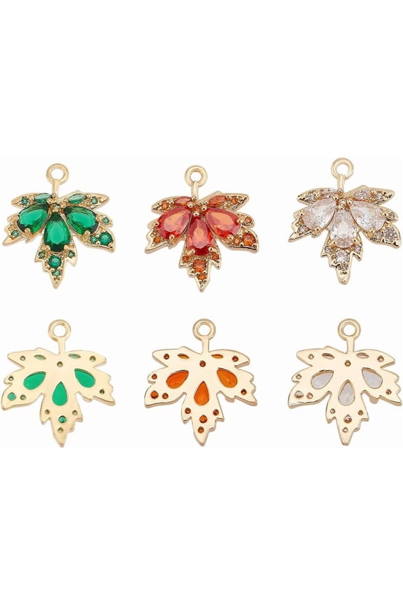 6Pcs 3 Colors Real 18K Gold Plated Maple Leaf Charms Pendant Brass Micro Pave Cubic Zirconia Leaf Charm for DIY Necklace Bracelet Jewelry Making Hole: 1.6mm Multi-color