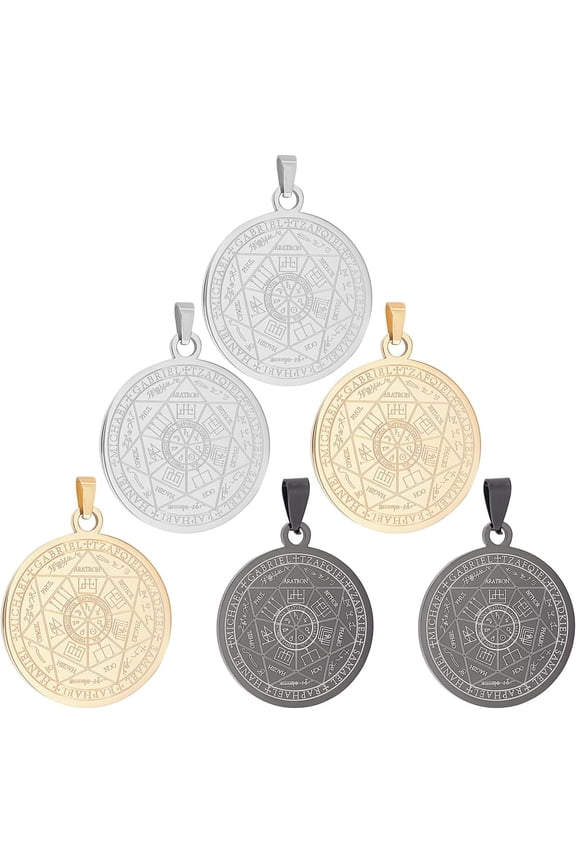 6Pcs 3 Colors The Seal of The Seven Archangels Pendants Golden/Black/Stainless Steel Necklace Pendant Flat Round Pentagram Pendants with Pinch Clip Clasp