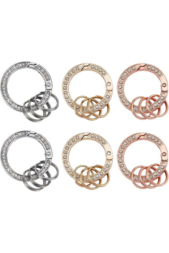 6Pcs 3 Colors Spring Gate O Rings 1.34 inch Round Carabiner Clip Rhinestone Keyring Snap Buckle with 3 Split Rings Metal Keychain Clip Trigger Hook for Bag Purse Wallet Keys Crafts