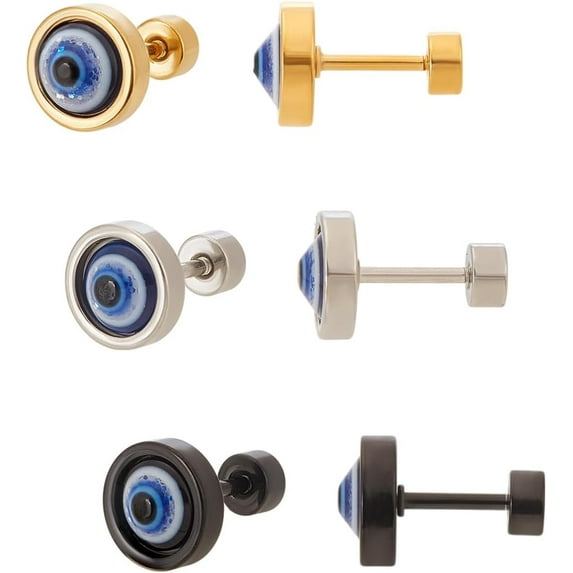 6Pcs 3 Colors Stainless Steel Evil Eye Stud Earrings for Men with Resin Mixed Color 8mm 2pcs/color