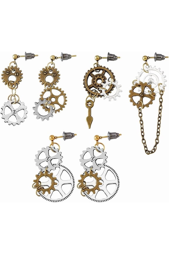 6Pcs 3 Pairs Steampunk Earrings Vintage Clockwork Dangle Stud Earrings Retro Clock Gear Earring Asymmetrical Earrings Christmas Holiday Gifts