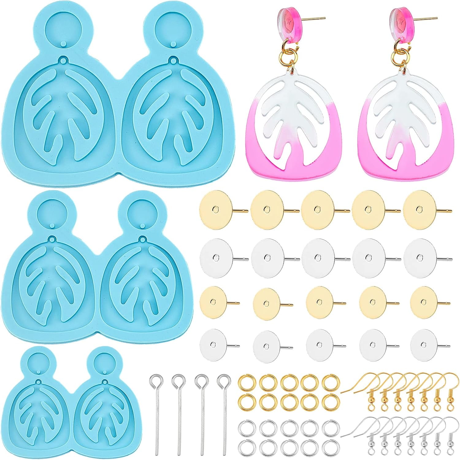 6Pcs 3 Sizes DIY Leaf Dangle Stud Earrings Silicone Molds Deep Sky Blue Resin Casting Molds DIY