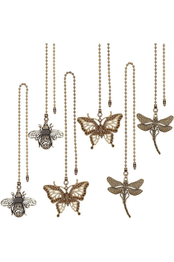 6Pcs 3 Styels Butterfly Bee Ceiling Fan Pull Chain Vintage Dragonfly Extender Chain Charm Lamp Decorative Pull Chain with Iron Ball Chain for Fan Table Lamp Decor Bronze 1box