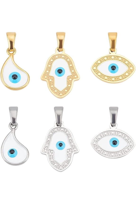 6Pcs 3 Style Evil Eye Pendant 304 Stainless Steel Pendants with Enamel Teardrop Charms Hamsa Hand for Jewlery Making 2 ColorsHole 4.5~5x2.5~3mm
