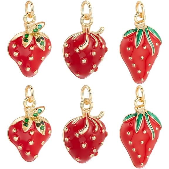 6Pcs 3 Style Strawberry Charms 16K Gold Plated Enamel Red Fruit Charms with Jump Ring and Storage Box for DIY