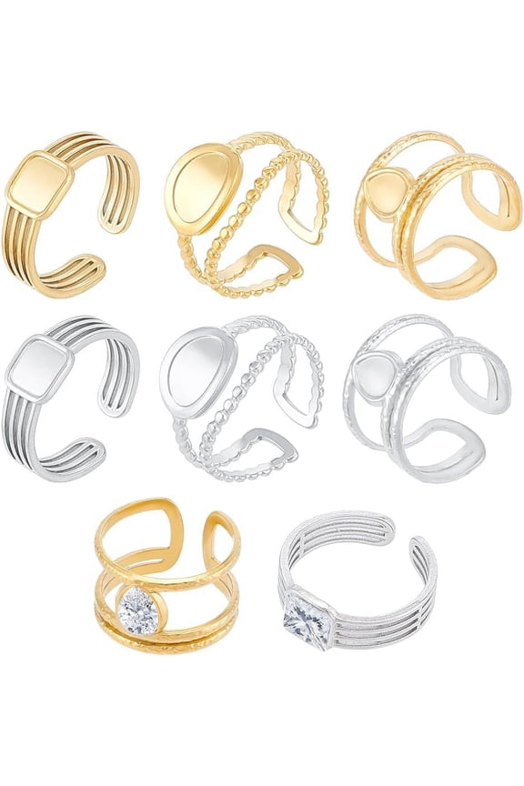 6Pcs 3 Styles 2 Colors Open Cuff Bezel Trays Pad Ring Settings Stainless Steel Ring Blanks Cabochon Blank Dome Ring Cuff Finger Ring Components for Ring Jewelry Making Supplies