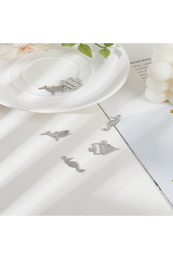 6Pcs 3 Styles 304 Stainless Steel Pendants Laser Cut Stainless Steel Color Ocean Animal Charm Mixed Shapes 13.5~24.5x7.5~25x1mm