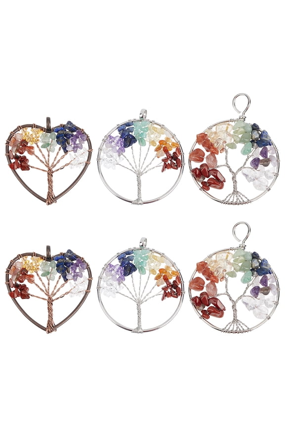 6Pcs 3 Styles 7 Chakra Tree of Life Gemstone Big Pendants Flat Round & Heart Charms with Brass Findings Mixed Shapes Mixed Color 53~65x49~52x7~10mm Hole: 5.5~10mm 2pcs/style