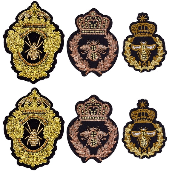 6Pcs 3 Styles Bee Badge Embroidered Applique Patch Gold Badge Patch Sew Iron on Patches Decorative Embroidery Appliques DIY