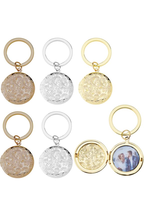 6Pcs 3 Styles Brass Locket Pendants Keychain with Alloy Rings Flat Round with Flower Platinum & Golden 60mm 2pcs/style